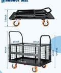 Beast Of A 6 In 1 Platform Truck With Cage Foldable Hand Truck And Dolly Flatbed Cart product size diagram