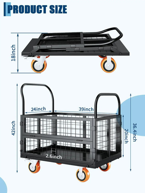 Beast Of A 6 In 1 Platform Truck With Cage Foldable Hand Truck And Dolly Flatbed Cart product size diagram