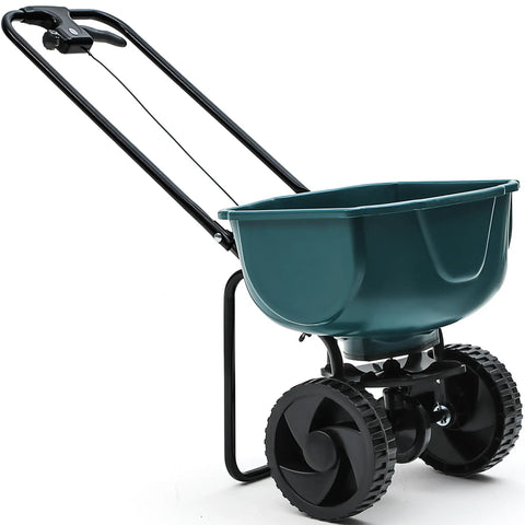 60 Lb Walk Behind Lawn And Garden Spreader For Seeds And Fertilizer With Easy Flow Control features sturdy wheels and ergonomic handle