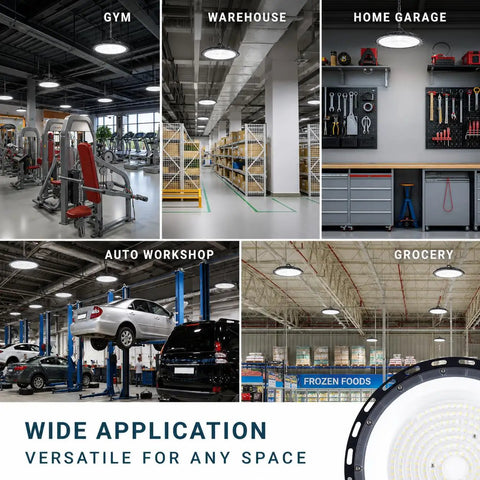 Hella Bright 150W UFO LED High Bay Light 10-Pack in diverse settings like gym, warehouse, garage, workshop, and grocery store.