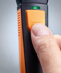 Handheld Air Velocity And Temperature Meter With In-Duct Airflow Measurement, CFM Readout, And A 15 Inch Telescoping Shaft For Easy Spot Checks, Bluetooth Connectivity And Mobile App Control For Quick Duct Diagnostics, orange button close-up
