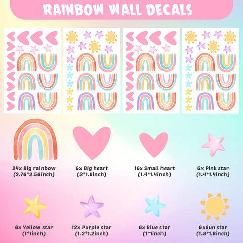 Rainbow Wall Decor Stickers Set With Hearts Stars Suns Watercolor Elements For Nursery Baby Bedroom Girls And Boys Luminous Blue 82 Pieces On Four Sheets Easy To Apply, showing rainbows, hearts, stars illustrated.