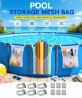 All-In-One Poolside Gear Organizer Set With Three Mesh Storage Bags on above ground pool, colorful noodles, and pool toys displayed.