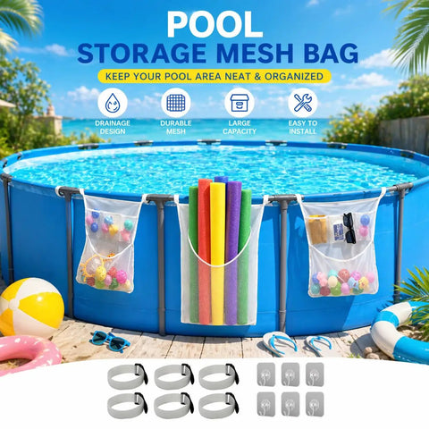 All-In-One Poolside Gear Organizer Set With Three Mesh Storage Bags on above ground pool, colorful noodles, and pool toys displayed.