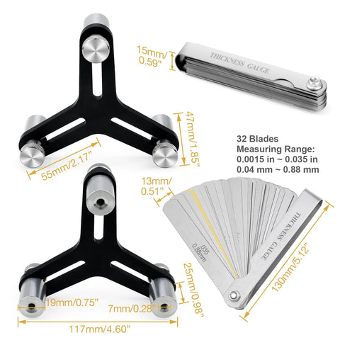 Piston ring squaring tool set with two 3-arm bases and 32-blade feeler gauge (Amazon)