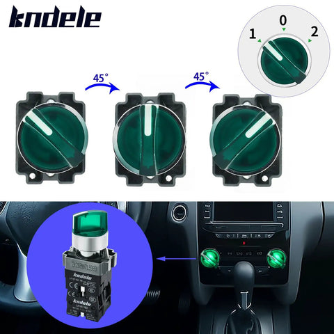 10 Amp 3 Position Rotary Switch With Green LED Light, 22mm Mounting Hole, IP65 Waterproof, metal head panel mount shown installed