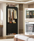 Modular Closet Organization System With Drawers And Hanging Rods Slips Into Tight Spaces Hella Sturdy Wood Frame Dead Simple To Pop Together Walk In Wardrobe Setup For Small Rooms Black Set Of Four Panels featuring clothes, drawers, and shoes in a stylish setup.