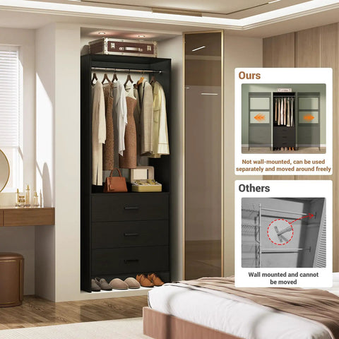 Modular Closet Organization System With Drawers And Hanging Rods Slips Into Tight Spaces Hella Sturdy Wood Frame Dead Simple To Pop Together Walk In Wardrobe Setup For Small Rooms Black Set Of Four Panels featuring clothes, drawers, and shoes in a stylish setup.