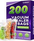 Box of 200 Count 8x12 Vacuum Sealer Bags BPA Free Precut with sealed food showcasing use for storage and freshness