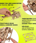 Mini Helicopter 3D Puzzle Kit For Hobbyists And Aviation Fans With Realistic Rotors And Cockpit, Adjustable Searchlight, Retractable Wheels, Landing Skids And Helipad, DIY Hands On Mechanical Aviation Toy wooden model with twin-seat cockpit