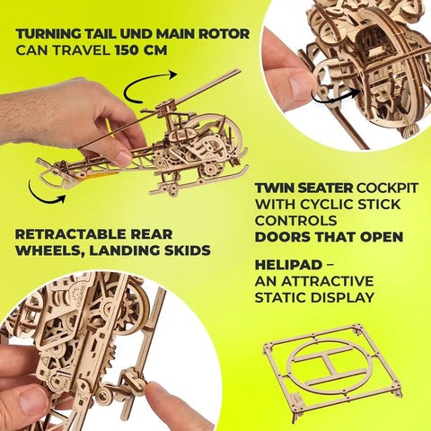 Mini Helicopter 3D Puzzle Kit For Hobbyists And Aviation Fans With Realistic Rotors And Cockpit, Adjustable Searchlight, Retractable Wheels, Landing Skids And Helipad, DIY Hands On Mechanical Aviation Toy wooden model with twin-seat cockpit