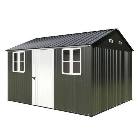 10x12 Ft Outdoor Storage Shed With Lockable Hinged Door And Two Windows Nordic Cottage Metal Shed For Backyard Garden And Patio In Dark Grey And White Finish Easy Setup And Tough Construction For Year Round Use