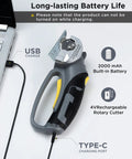 Inokraft Cordless Electric Scissors With Safety Button For Fabric And Cardboard Packaging showing USB charging port and 4V battery.
