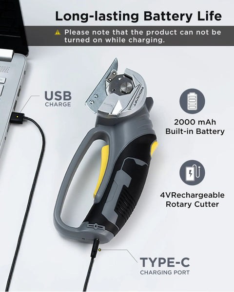 Inokraft Cordless Electric Scissors With Safety Button For Fabric And Cardboard Packaging showing USB charging port and 4V battery.
