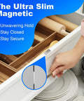 Grab These 16 Pairs Of No Drill Stainless Steel Magnetic Door Catches With Killer Adhesive Grip For Your Kitchen Bathroom Closet Or RV Drawer Latch To Keep Everything Locked Tight Without Any Messy Drilling Required And Super Easy To Install Today - Ultra slim magnetic catch shown on a kitchen drawer.