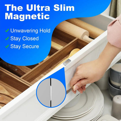 Grab These 16 Pairs Of No Drill Stainless Steel Magnetic Door Catches With Killer Adhesive Grip For Your Kitchen Bathroom Closet Or RV Drawer Latch To Keep Everything Locked Tight Without Any Messy Drilling Required And Super Easy To Install Today - Ultra slim magnetic catch shown on a kitchen drawer.