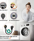 4 Prong To 3 Prong Dryer Adapter 30 Amp NEMA 10-30P To 14-30R Converter with Ground Wire next to a dryer and concerned woman.