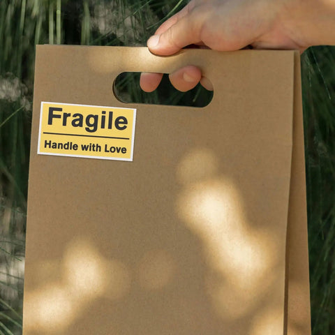 6 Pack Yellow PVC Fragile Shipping Labels with Adhesive Warning Stickers for Moving Boxes and Warehouses, High Visibility Packing Labels for Efficient Shipping and Handling, Bulk Package Stickers on brown box