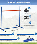 Adjustable Dog Agility Jump Set for Indoor Outdoor Training with dimensions and components including poles, clips, connectors, and storage bag.