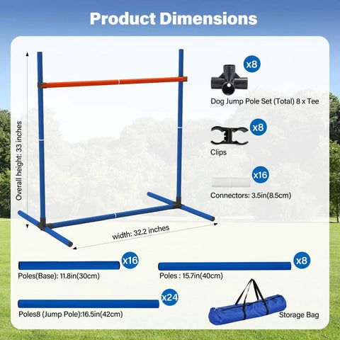 Adjustable Dog Agility Jump Set for Indoor Outdoor Training with dimensions and components including poles, clips, connectors, and storage bag.
