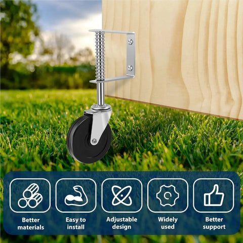 Rock Solid 4 Inch Rotating Gate Roller With Spring Loaded Adjustable Support Caster For Wood Or Metal Gates mounted on wood.