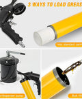 Pro Grade Heavy Duty Pneumatic Grease Gun Kit 6000 PSI, 14 Oz Capacity, Air Operated, showing three ways to load grease