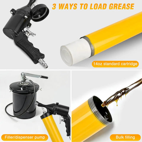 Pro Grade Heavy Duty Pneumatic Grease Gun Kit 6000 PSI, 14 Oz Capacity, Air Operated, showing three ways to load grease
