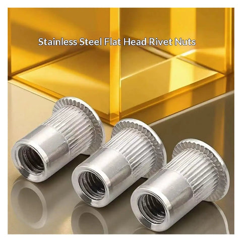 Twenty Pieces 304 Stainless Steel Flat Head Threaded Inserts With Knurled Body For Heavy Duty Metal Work And Punched Hole Strength Installation That Holds Tight. Three stainless steel flat head threaded inserts with knurled body.