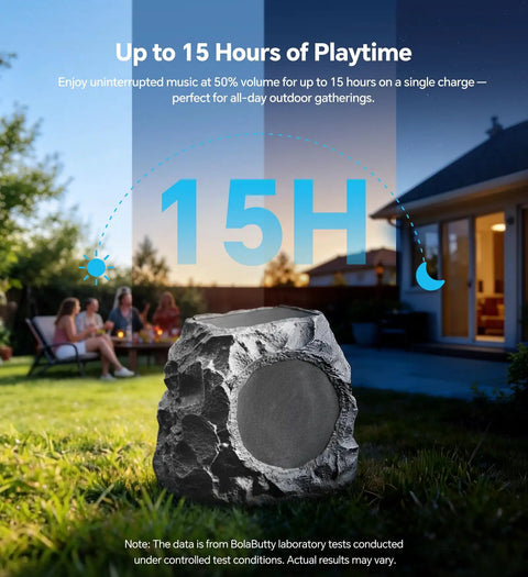 Outdoor Rock Speaker With 60W Deep Bass And Remote Control IPX7 Waterproof Solar Powered Bluetooth Speaker in garden setting