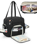 Nurse Tote Bag With Padded Bottom And 15.6 Inch Laptop Sleeve showing open compartments filled with medical supplies.