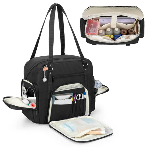 Nurse Tote Bag With Padded Bottom And 15.6 Inch Laptop Sleeve showing open compartments filled with medical supplies.