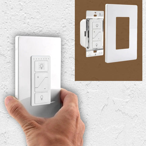 Slick Smart Dimmer Switch With Wireless Remote Control, Single Pole Wall Light Controller shown being installed on a wall.