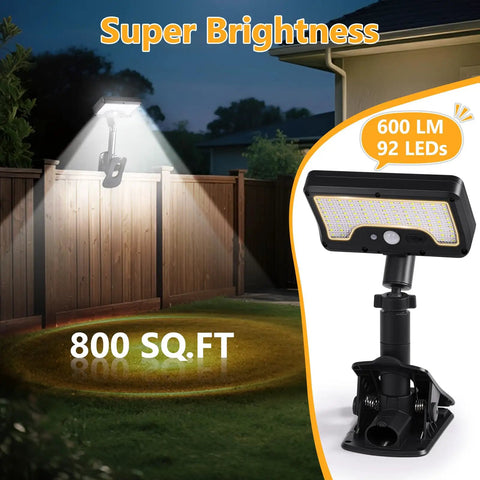 Clip On Solar Lights Outdoor With Motion Sensor illuminating large yard, 360 Degree Rotatable And Vertically Adjustable Solar Flood Lights with 92 LEDs