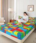 Colorful Brick Pattern Twin Size Fitted Sheet Set With Pillowcase For Kids Teens And Adults Geometric Patchwork Bedding In Soft Microfiber Material For A Dope Chic Modern Bedroom Vibe. Twin bed with colorful brick pattern microfiber fitted sheet and pillowcase.
