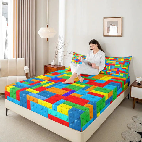 Colorful Brick Pattern Twin Size Fitted Sheet Set With Pillowcase For Kids Teens And Adults Geometric Patchwork Bedding In Soft Microfiber Material For A Dope Chic Modern Bedroom Vibe. Twin bed with colorful brick pattern microfiber fitted sheet and pillowcase.