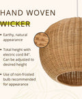 Handwoven Wicker Ball Pendant Light 18 Inch Ceiling Fixture With Adjustable Cord Natural Finish Close-up of Weave Texture