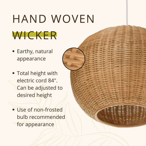 Handwoven Wicker Ball Pendant Light 18 Inch Ceiling Fixture With Adjustable Cord Natural Finish Close-up of Weave Texture