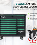 Front view of Beefy 14 Drawer Rolling Tool Chest With Wood Workbench Built To Last Heavy Duty Steel Cabinet On Wheels With Lock And Key Brake Casters Ideal For Home Garage Or Workshop Storage with hydraulic brake casters.