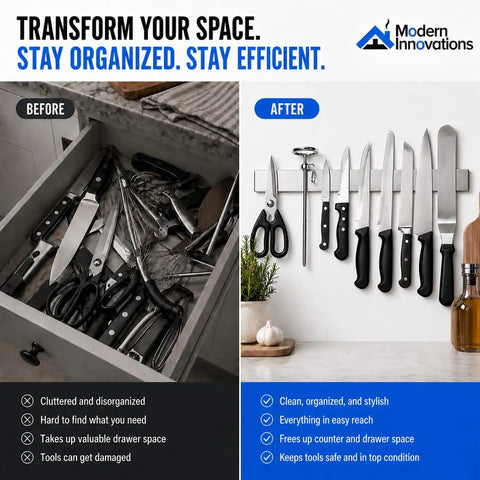 Before and after showing organization with a 16 Inch Stainless Steel Magnetic Knife Bar for Kitchen Storage and Home Organization.
