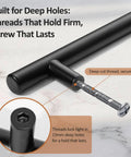 Matte Black Drawer Pulls 10 Pack With 3 Inch Center To Center Hole Spacing showing deep-cut thread and secure fitting