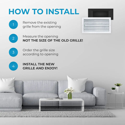 How to install Durable Aluminum 16x8 Duct Opening Wall Vent Cover With Adjustable Front Blades displayed above a sofa