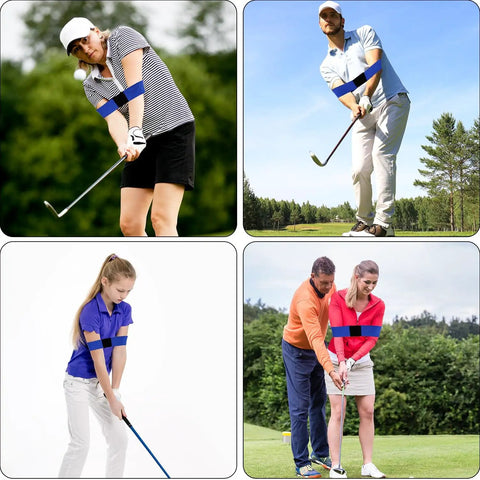 People using Two Pack Golf Swing Arm Bands Elastic Posture Corrector And Training Aid For Strength Grip Connection Band on golf course