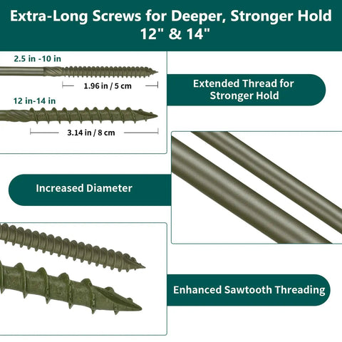 Extra-long Tough As Nails Outdoor Timber Screws 12 and 14 inch with enhanced sawtooth threading for strong holds.