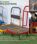 Flat Free 2.80 2.50 4 Tire And Wheel Assembly for casters and utility carts, installed on a cart with a gray steel wheel.
