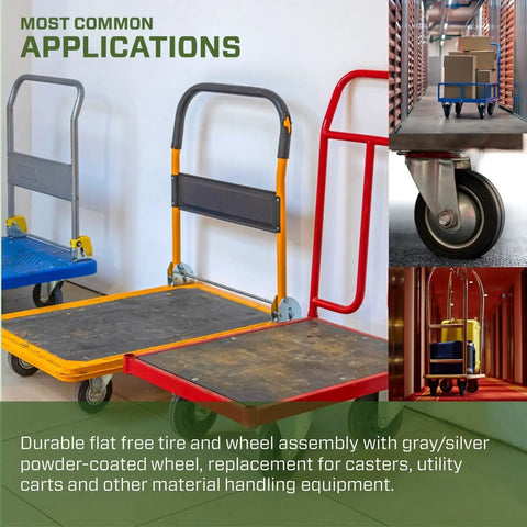 Skip The Hassle And Roll Smooth With This Flat Free Rubber 2 80 2 50 4 Tire And Wheel Assembly Boasting A 3 Inch Centered Hub And Sturdy Half Inch Ball Bearings Built For Tough Cart Upgrades And Heavy Duty Hauls. Image showing various carts equipped with flat free tires.