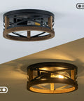 Farmhouse Round Flush Mount Ceiling Light With Wood And Black Metal Frame 2 Light Rustic Ceiling Fixture On and Off Wall View
