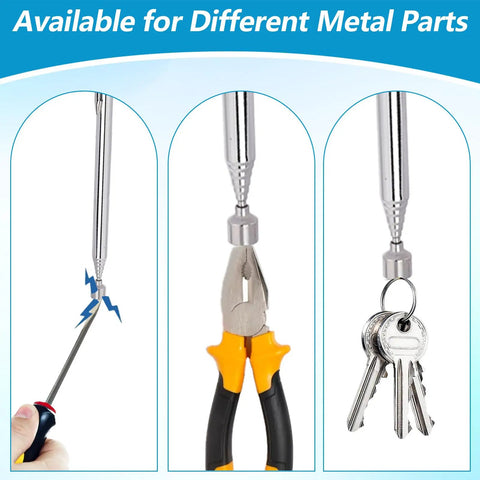Telescoping Magnetic Pickup Tool Set with Pen Clip grabbing screwdriver, pliers, and keys