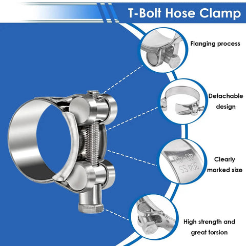Heavy Duty T-Bolt Hose Clamps Set 34-Piece Assortment 17-47mm in 304 Stainless Steel, detailed features and design highlights