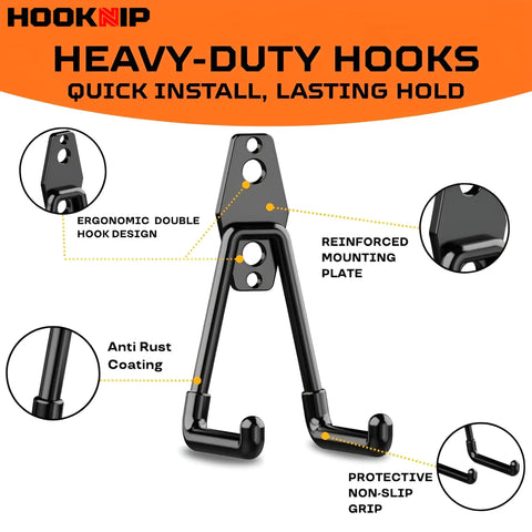 Heavy Duty Garage Wall Hooks Set With Anti Rust PVC Coating, Multi Sized Wall Mounted Tool Hangers for ladders and bikes, black hook design