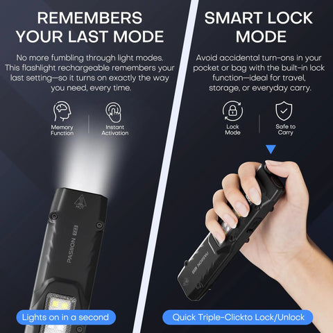 Handy 1500 Lumen Tactical LED Flashlight Rechargeable Flat Pocket Light With Dual Switches showing lock features